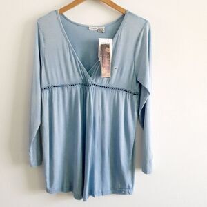 NWT Raya Sun Surplice Neckline Long Sleeves Light Blue Cotton Viscose  Blouse M